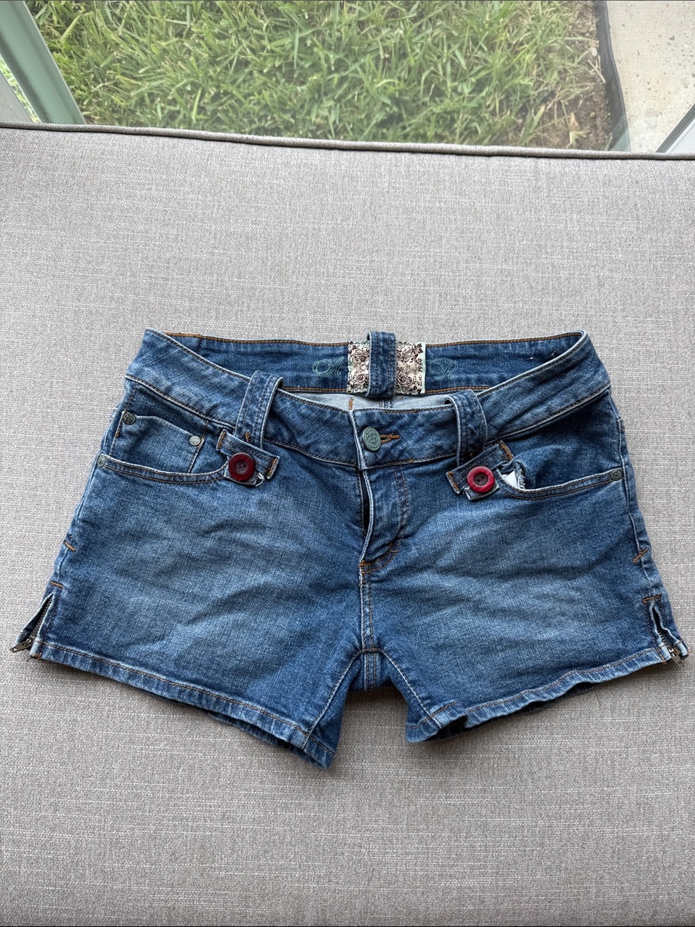 American Rag Dark Blue Denim Short Shorts with Red Button Accents